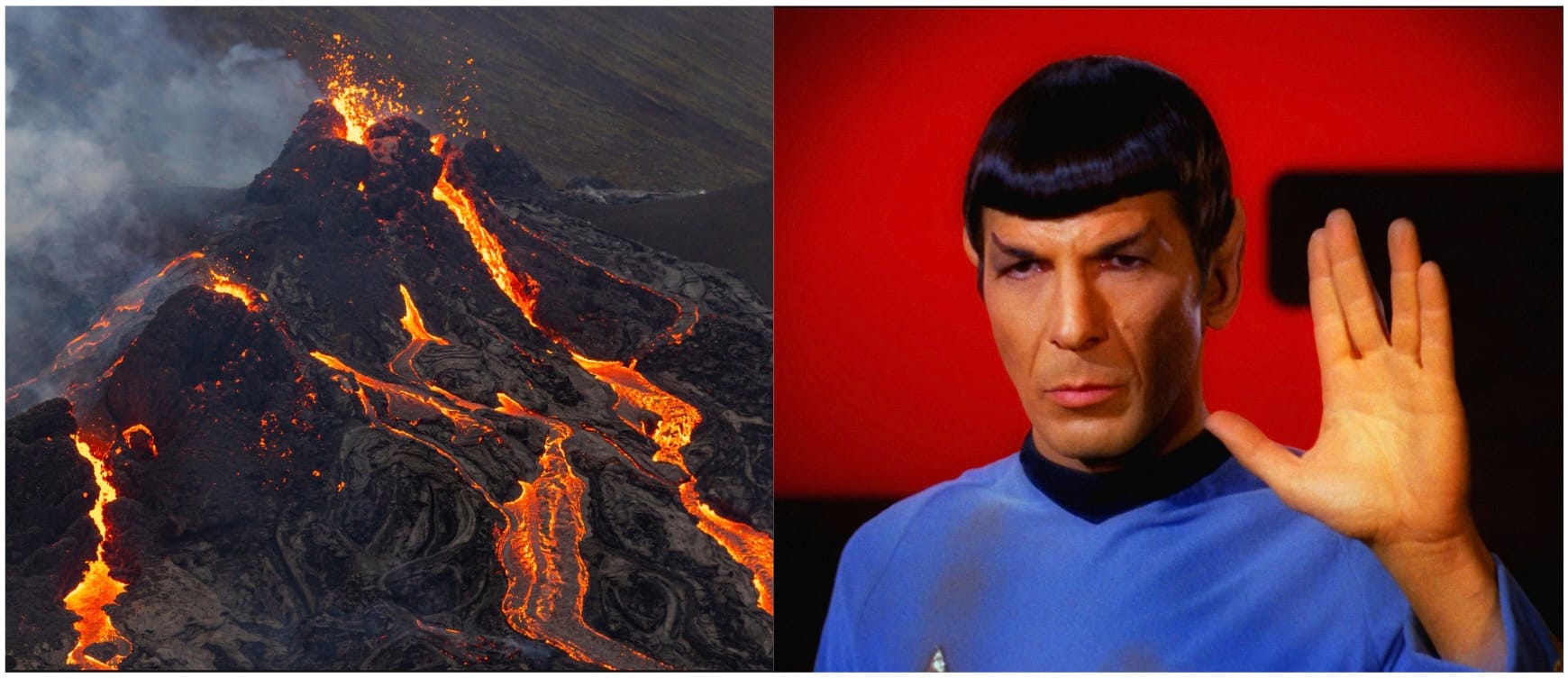 Volcano spewing lava beside Dr Spok from Star Trek