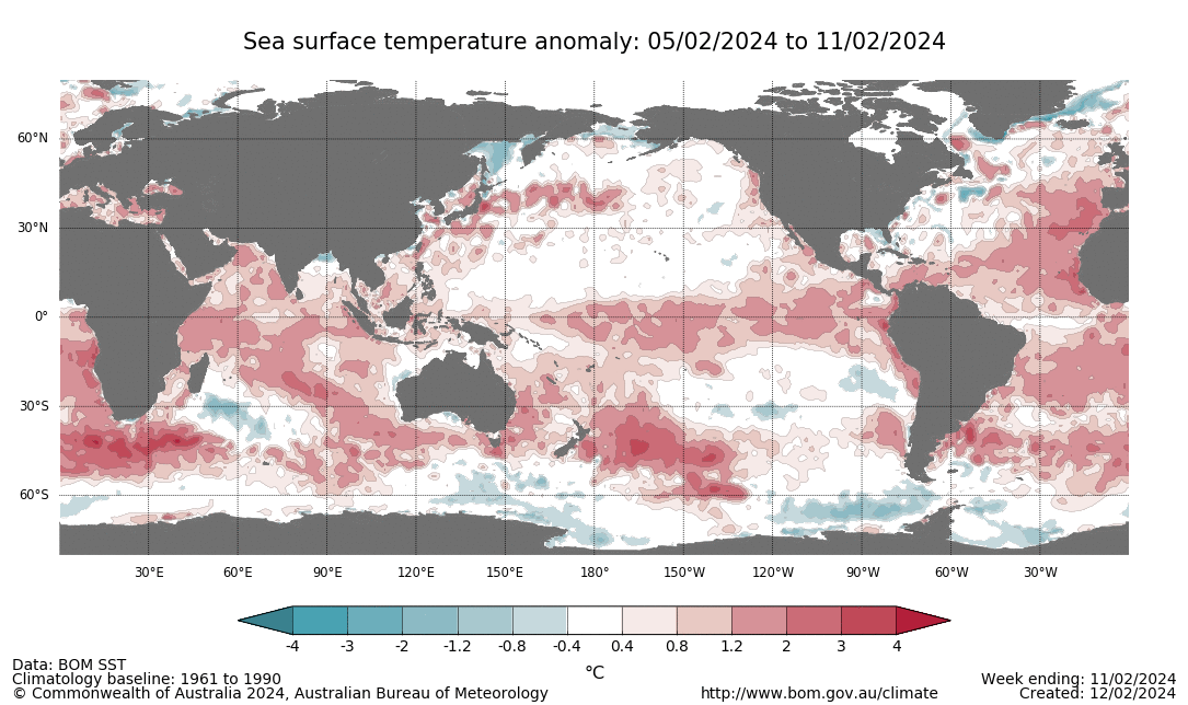 World ocean map splattered red with patches of anomalously hot seas
