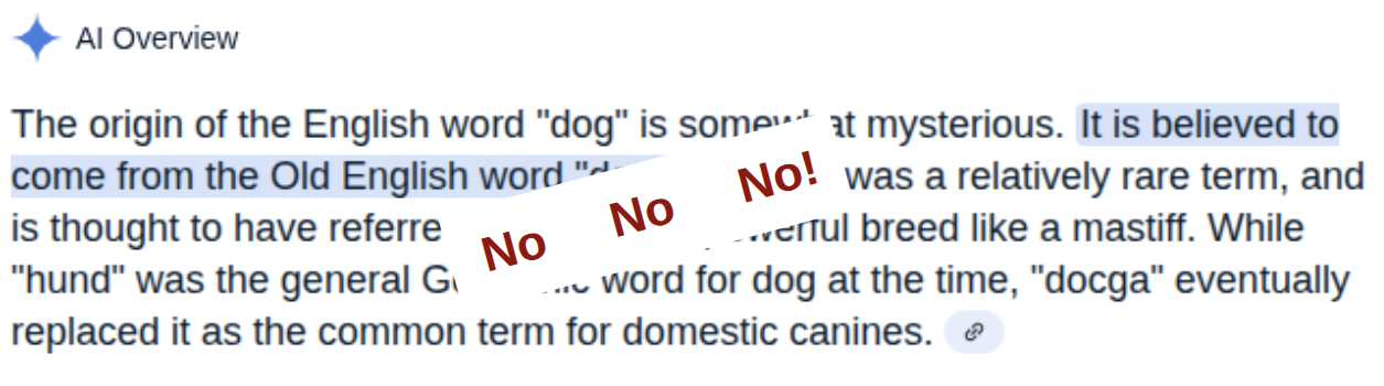 An illustration of AI slop: a fallacious summary about the etymology of ‘dog’.