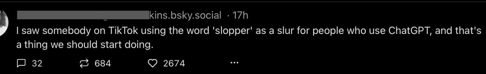 BlueSky post introducing slopper as a term for someone who uses ChatGPT