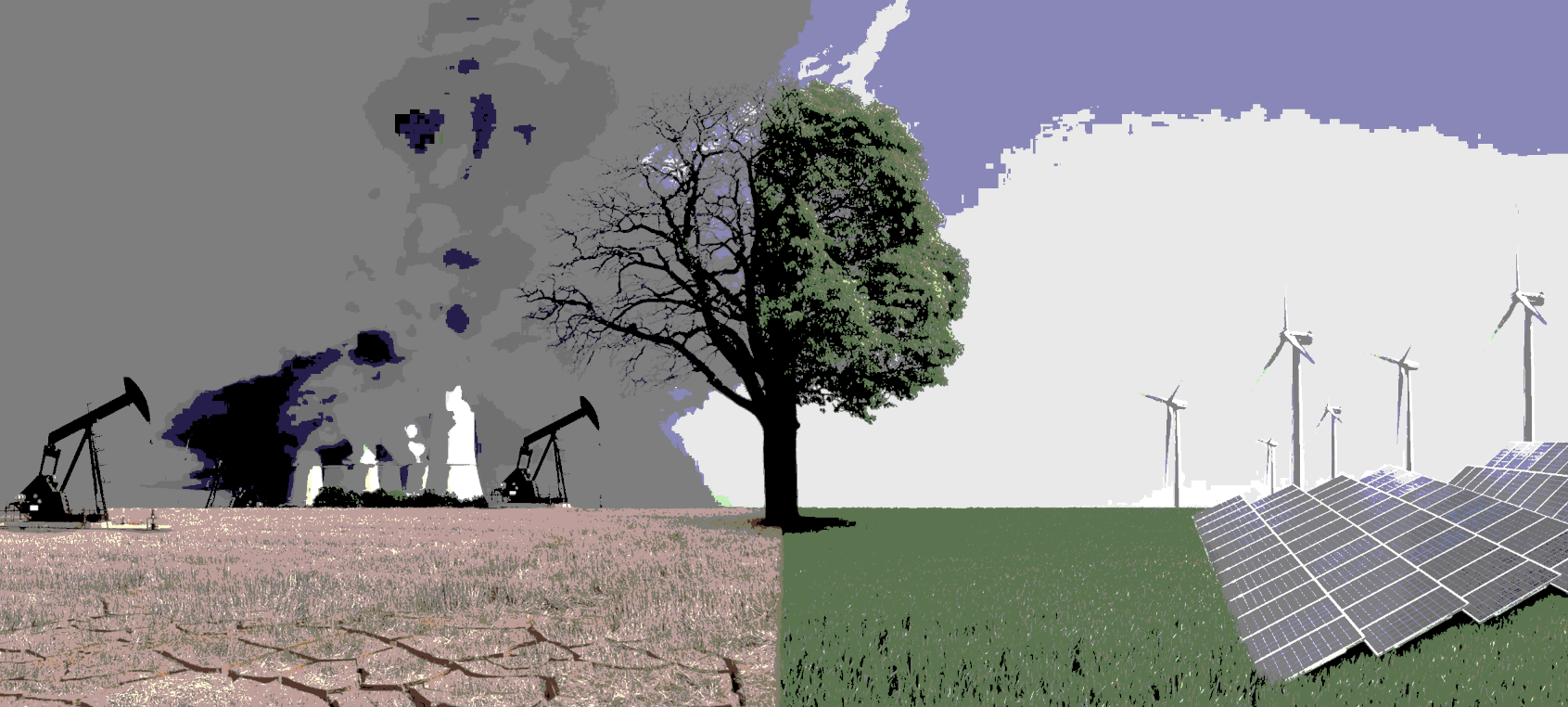 Graphic depicting fossil fuel vs windfarm and solar energy production