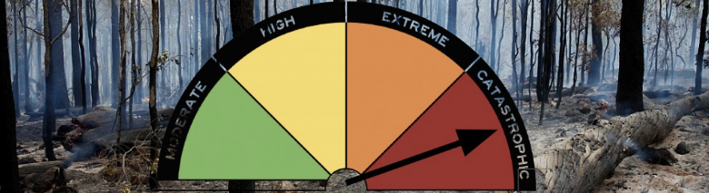 Australian fire rating semicircle with arrow pointing to 'catastrophic' set against burnt forest scene